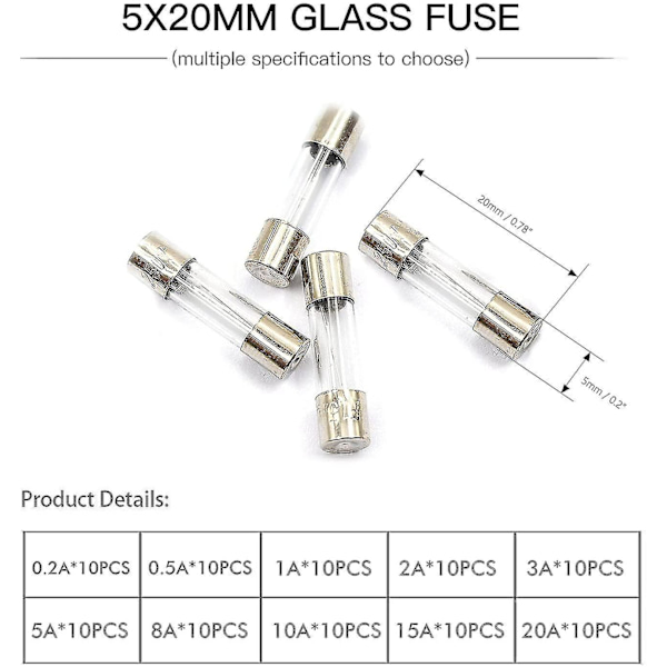 100 stk. Fine Fuse Glass Fuse Glass Tube Fuses 0.2a-20a Amp Assorteret Kit Med Opbevaringsboks 5 X 20mm Assorteret Boks