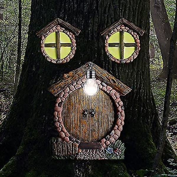 Miniature Fairy Gnome Hjem vindue og dør med lampe til træer lyser i mørke dør og vindue