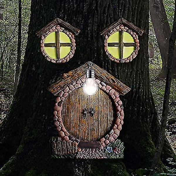 Miniatyr Gnome-Hem Fönster och Dörr med Lampa för Träd - Glöder i Mörkret Dörr och Fönster