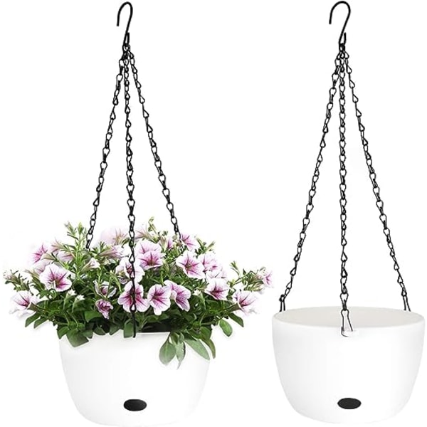 Självvattnande hängande planteringskruka med vattenhål 8 tum vit set med 2 - rund hängande plastkorg Blomkruka Planthållare för utomhusträdgård H