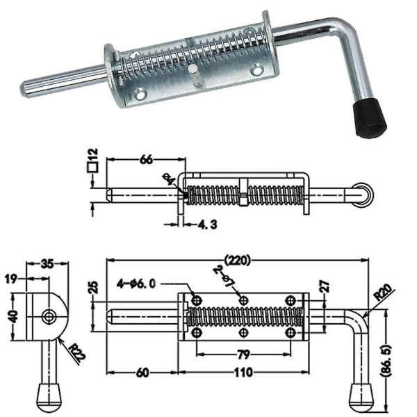 Fjærlås, 220 mm, Metalltønne Lås med Håndtak, Heavy Duty Fjærlås Stift