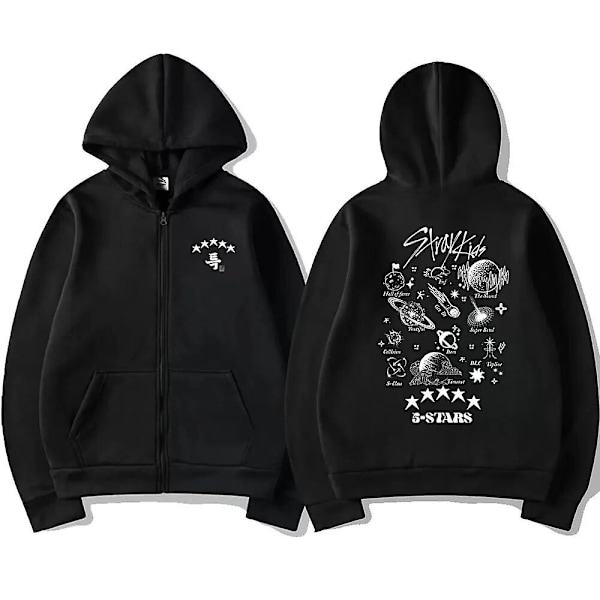 Brand Kpop Stray Kids 5 Star Art Music Album Zipper Hoodie Korea Style Fashion Zip Up Sweatshirt Miehet Naiset Casual Pullover Takit Musta