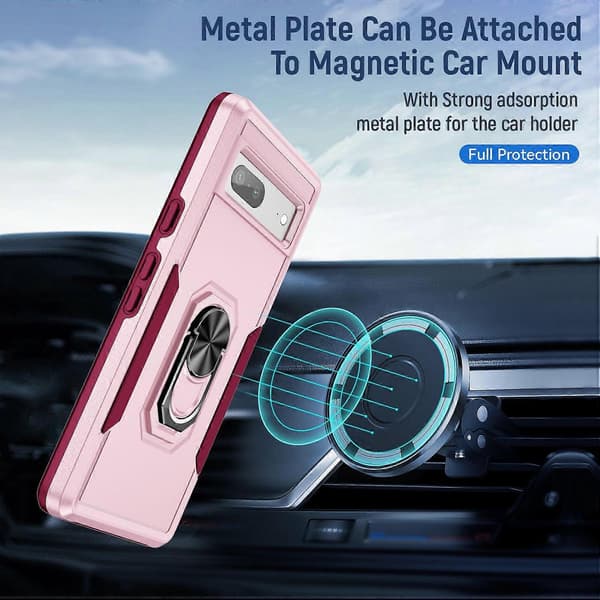 Til Google Pixel 7a-deksel Militærgradert ringstativ PC + TPU-telefondeksel Pink/Rose