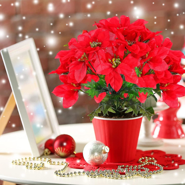 7 Huvuden Jul Konstgjorda Julstjärna Blommor Faux Julstjärna Buske Buketter Silke Julstjärna Julgran Prydnader Julstjärna
