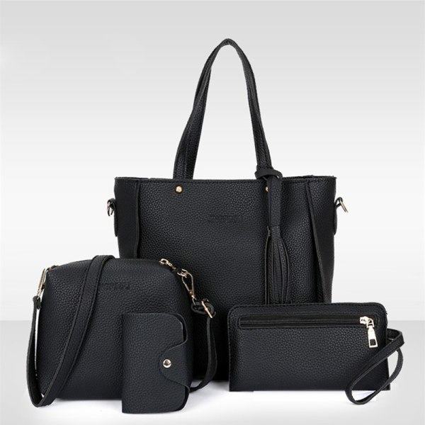 4 PCS Håndveskesett Dame PU skinn Skulderpose Fire deler svart svart black