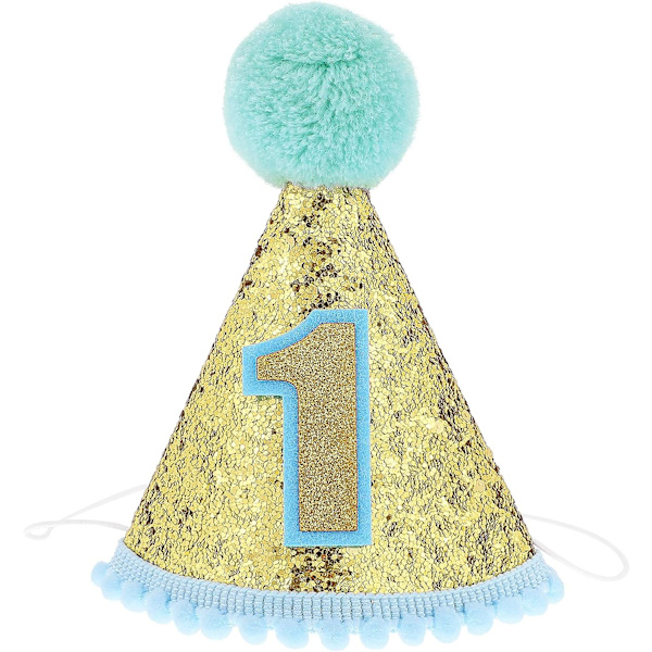 1-årsdag Hatt Glitter Konhatt Justerbar Tiara Hårband Glitter Prinsessa Födelsedag Hatt för Baby Flicka Pojke, Levereras med en tårta ins