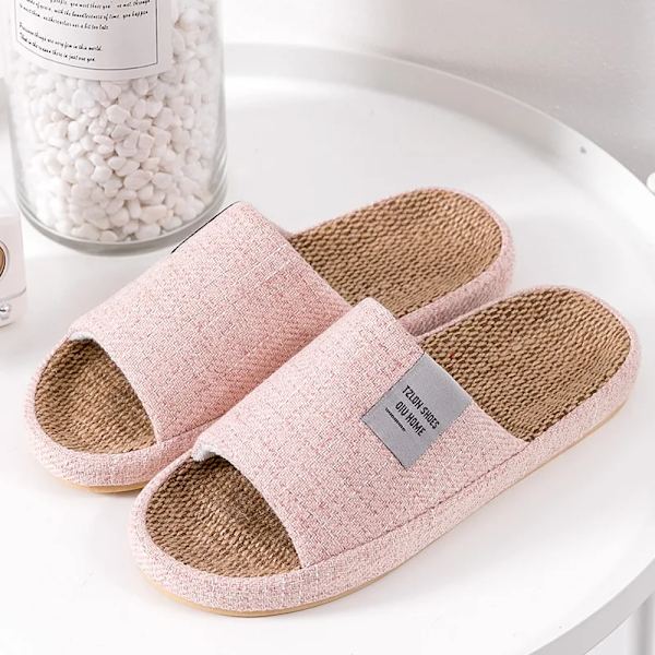 Andningsbara linnestofflor för män och kvinnor, halkfria mjuka hemmtofflor för sommaren pink 10-10.5