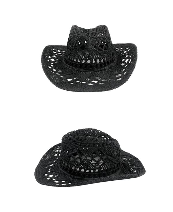 Beige stråcowboyhatt, gjennombrutt solhatt med bred brem. black