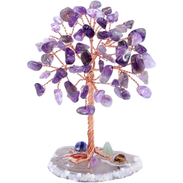 Mini Crystal Tree Healing Crystal Tumble Stone Livets tre Feng Shui Tree Edelstener Agat Pengetre Figurer Ornament (ametyst)