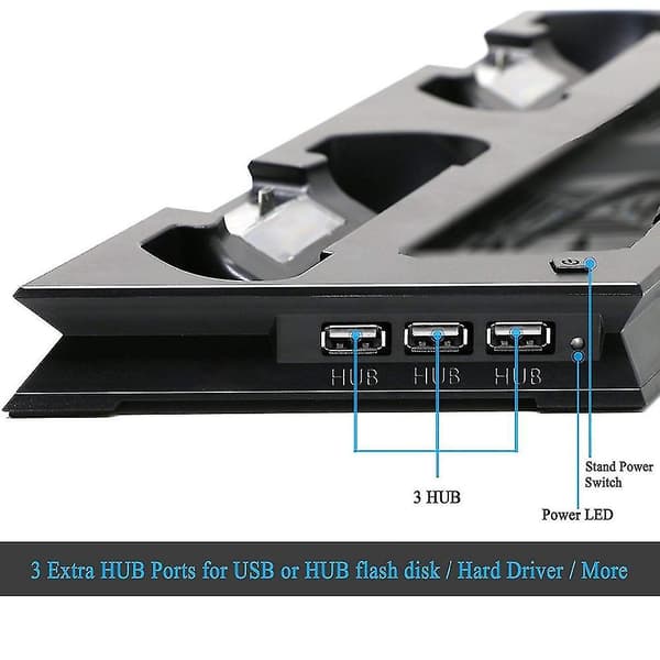 PS4 Slim Vertikal Stativ med Trådløs Controller Opladningsdock + Køleblæser