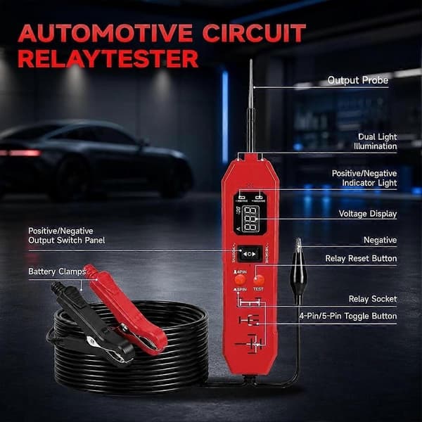 Bilkrets Testare Relä Testare, 2 i 1 Digital Spänningstestare, 12-24v DC Strömkrets Testare, Relä Diagnostikverktyg Red