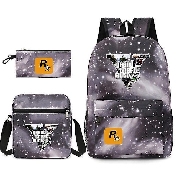 3pcs Gta5 Grand Theft Auto Student School Bag Backpack Small Shoulder Bag Pencil Case（Star Grey）