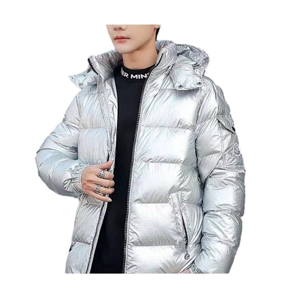 Mænds Vinterjakke Blank Stående Krave Vandafvisende Hættejakke Sort Sort Sort Sort S silver XL