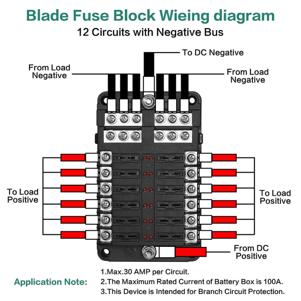 12-tie fuse box, 12v fuse holder, Ato 32v 100a with 12 LED indicator lights, waterproof protective cover, fuse box with 24 car blade fuse for car auto
