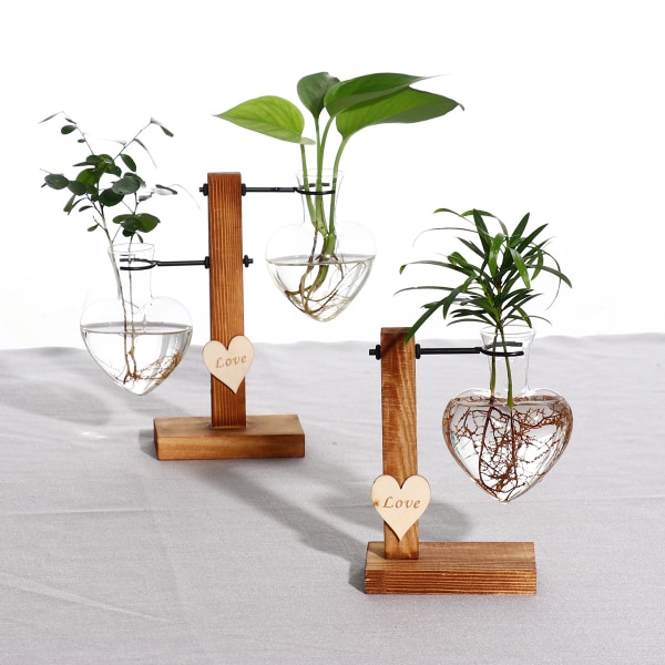 2st glasknoppvas med trästativ, kreativa hydroponiska vaser i glas med ett hjärta, modern växtförökningsstation, bordsbordskruka glödlampsvas för Ho