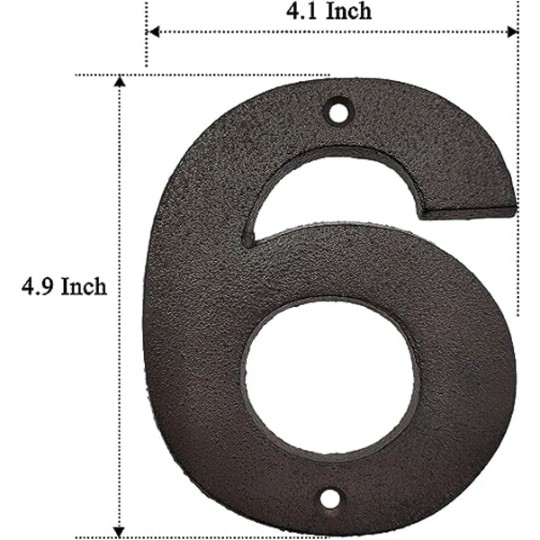 Valurautaiset talon numerot - 4,9 tuuman korkeat kodin osoitenumerot/postilaatikon numerot, numero 6
