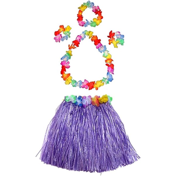 Jentes elastiske Hawaiian Hula-danser-gressskjørt med blomsterkostymesett - Lilla bursdagsdekorasjoner til tropiske fester