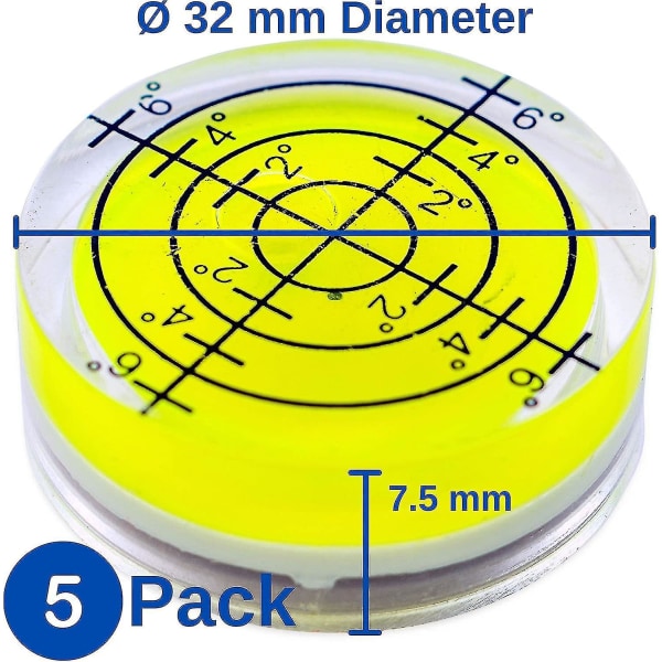 Vattenpass, 5-pack, 32 mm diameter, precisionsvattenpass med luftbubbla, minivattenpass för kameror, camping och husvagn