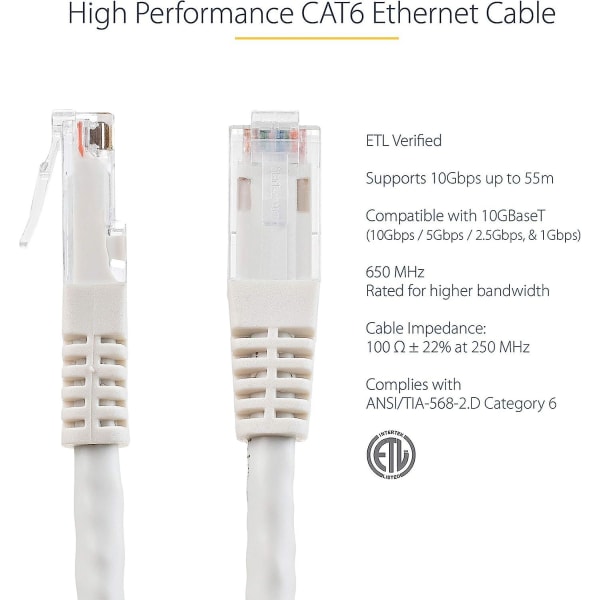 10 fot Cat6 Ethernet-kabel - Hvit Cat 6 Gigabit Ethernet-ledning -650mhz 100w Poe++ Rj45 Utp støpt kategori 6 Nettverks-/patchledning W/st