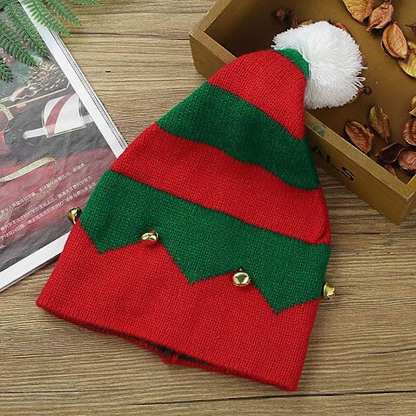 Jultomte Stickad Mössa med Shine Bells Pompoms Varm Semesterfest Klädsel Kostym Tillbehör för Barn