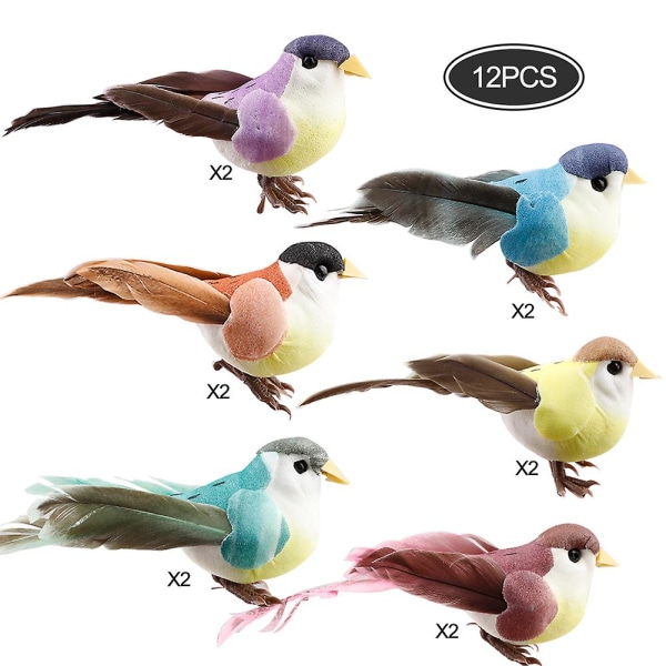 12 pakke kunstige julefugle af spurvepynt Juletræ Top Decroations Fugle Farverige kunstige fugle