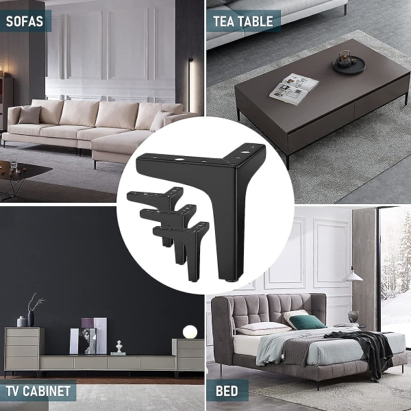 Sæt med 4 møbelben op til 800 kg, 10 cm moderne metal trekantbordben, hårnålsmøbelben til skabe, sofaer, sort