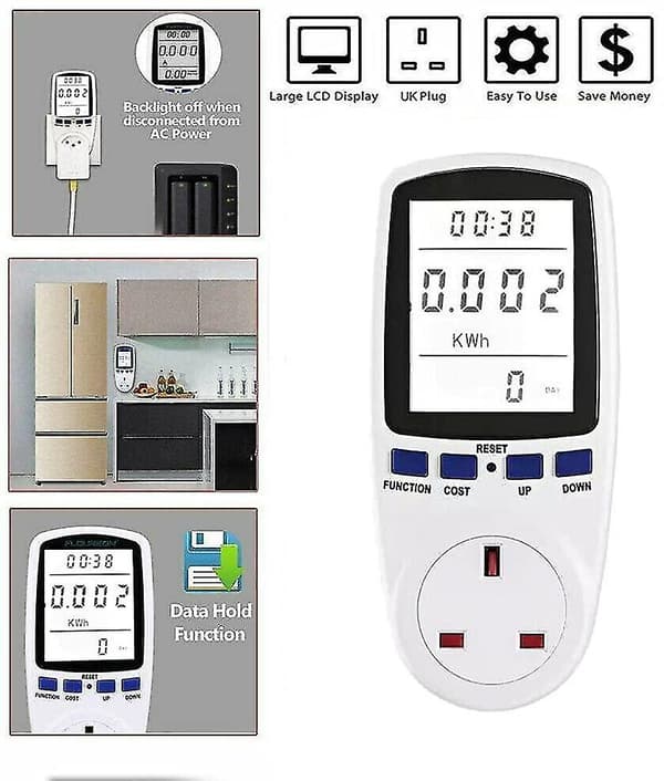 Strømbruksmonitor, strømforbruksmåler Energiovervåkingstimer Plug Watt Kwh Analyzer Plug-in med Lcd-skjerm