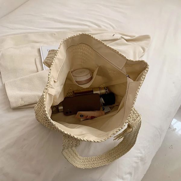 Kvinde Vævning Skuldertaske Håndlavet Halm Strandtaske Stor Kapacitet Rejsetaske Kvast Taske khaki