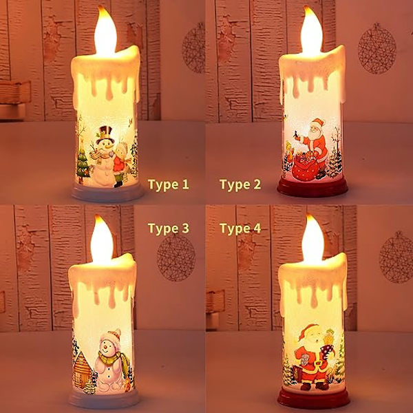 Flamlösa ljus, jul-ljusvarma vita flamlösa ljus med snögubbe tomten mönster batteridriven Xmas nattlampa för fest Chri