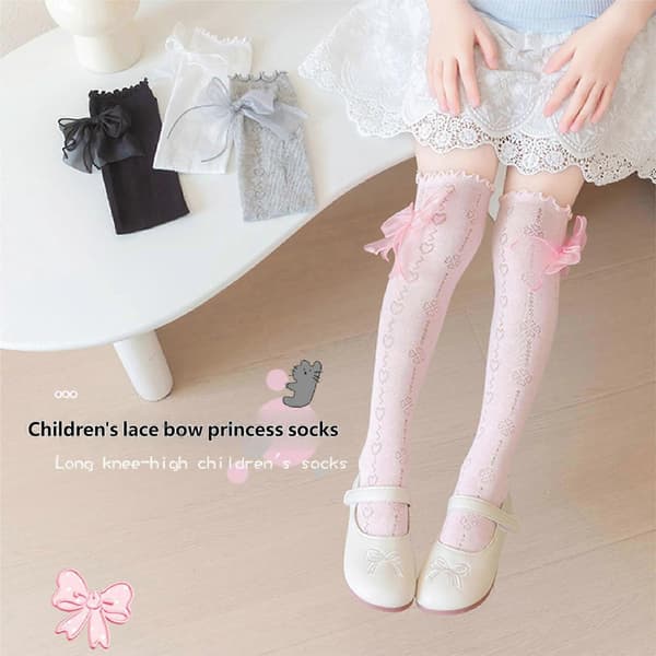 Bomuldssløjfe Over Knæstrømper Lange Strømper til Pige Åndbare Strømper Blonde Kalvestrømper Bomuldsstrømper Sorte Strømper længde 35CM Black Socks length 35CM
