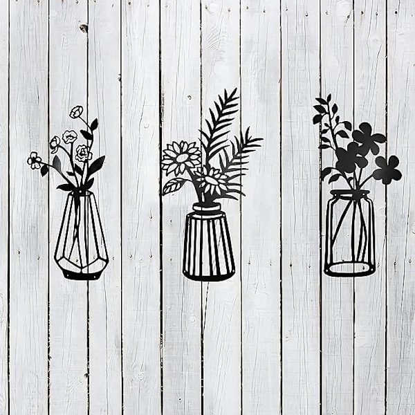 Metal Blomster Vægskulptur, Metal Vægskulptur til Terrasse Balkon, Sort Metal Vægskulptur Kunst til Stue Badeværelse Soveværelse Spisestue, Sort Vægskulptur A