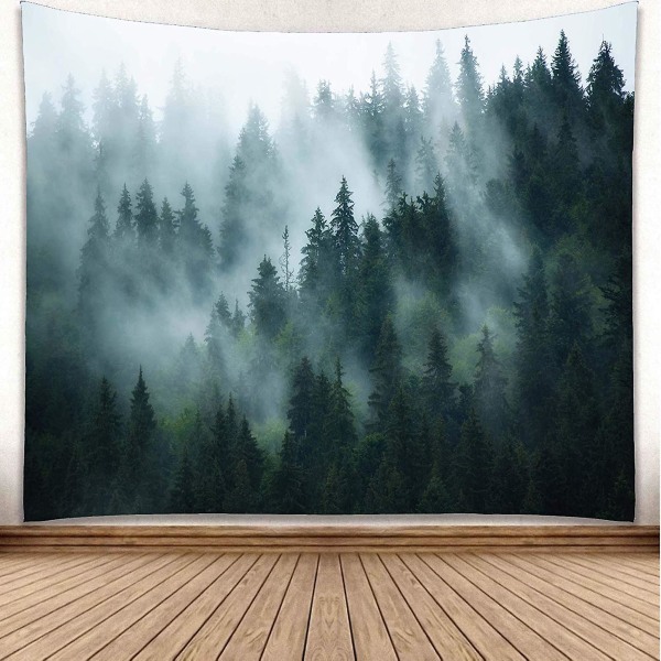 2023 - Misty Green Forest Wall Tapestry For Soverom, Forest View Veggdekorasjon 150 X 130 Cm
