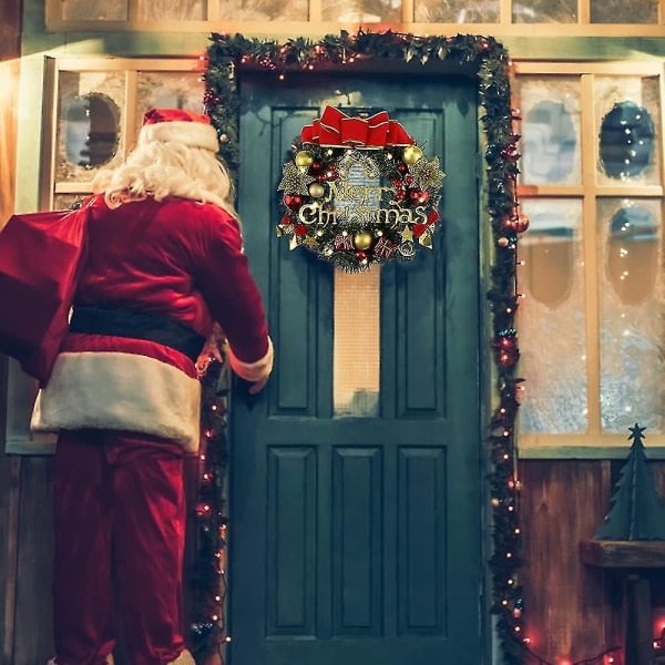 Yplonon julekranse til hoveddøren 30 cm julekrans med lys dørguirlande dekorationer med kugler Bue knude kunstig fyrrekrans til I