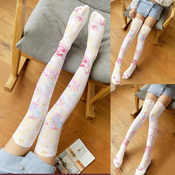 Kvinner Lolita tegneserie lårhøye strømper Søt Kawaii ballong Piggy Jordbærkaketrykk Cosplay over knelange sokker