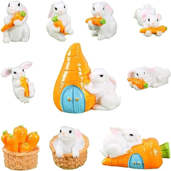 10 miniatyrfigurer av fehage-kanin, miniatyrlandskapsstykker av gulrot og kanin, søte hvite kaninfigurer i harpiks, bonsai-håndverk, dukke