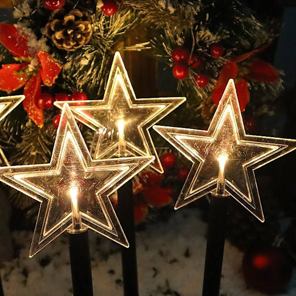 Solcelledrevet julelysstjerne LED-stilys - Vanntett for plen, hage, gangvei, hagedekorasjon, julehjemmedekorasjon, varmt hvitt landskapslys - 5-pakning