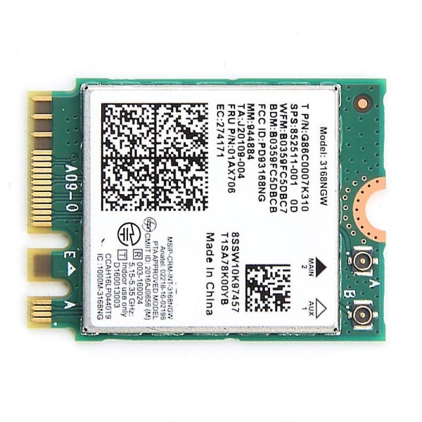 Kaksoiskaistainen langaton Intel 3168 3168ngw 433mbps Bluetooth 4.2 802.11ac Ngff Wifi -verkkoadapteri