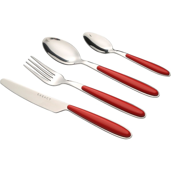 Bestikksett med 24, rustfritt stål med fargehåndtak - 6 gafler, 6 middagskniver, 6 middagsskjeer, 6 teskjeer - Ex07 (rød X 24)