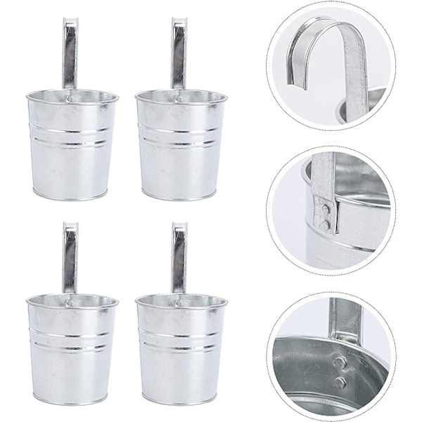 4 stk Hengende Blomsterpotter Metall Jernbøtte Planteholder Blomsterholdere for Rekkverk Gjerde Balkong Hage Hjem Dekorasjon (Sølv)