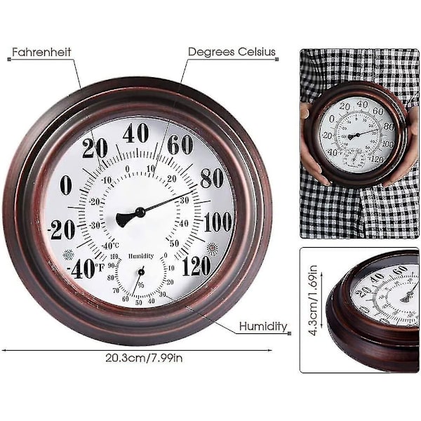 20cm Retro Termometer Hygrometer, Antik Jern Temperatur Og Luftfugtighed Skal Måleinstrument Til Indendørs Udendørs