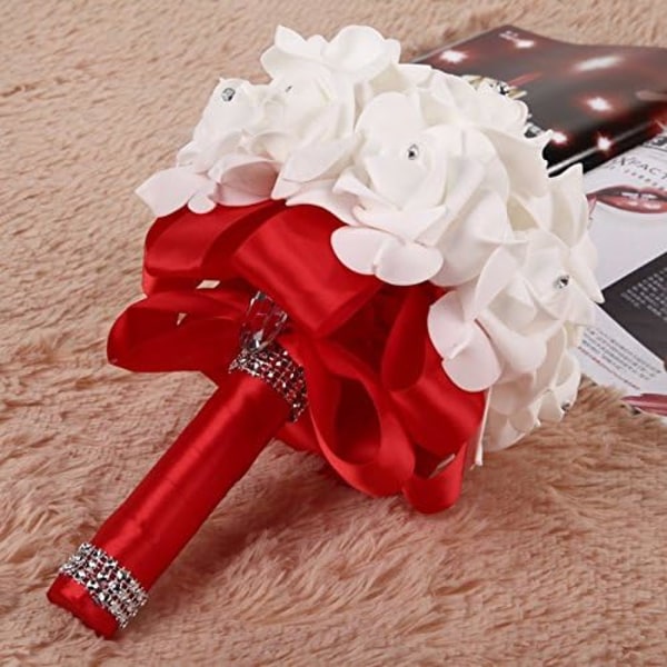 Bröllopsbuketter för brud vit, bröllopsbukett brudtärna, brudtärna som håller blommor för bröllopsdekoration (röd+vit)