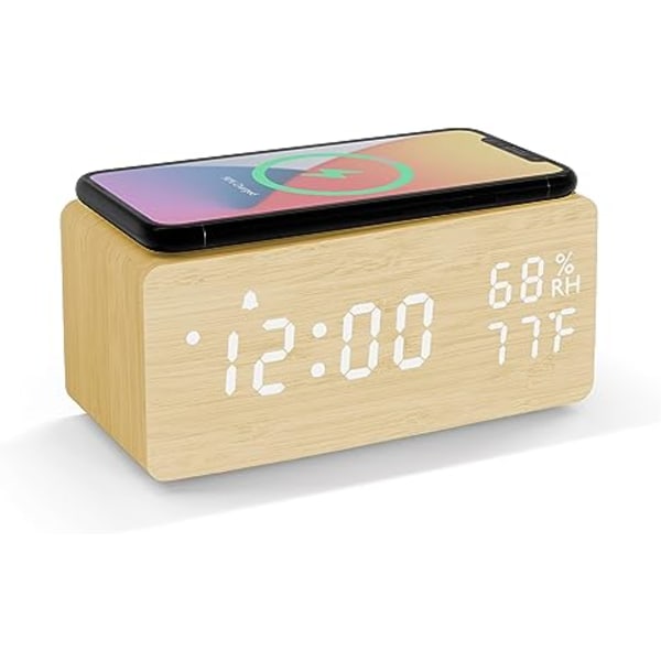 Trådlös digital väckarklocka i trä med trådlös laddning, 3 larm LED-display, ljudkontroll och snooze-funktion för sovrum, sängbord, kontor (svart)