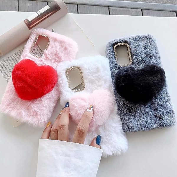 Yhteensopiva iPhone 13 Pro Max Fuzzy Fluffy Case kanssa Naisten Tytöille 3D Söpö Furry Pehmo Heart Bling Diamond Bow Lämmin Sileä Turkis Hiukset Design Pehmeä Kumi