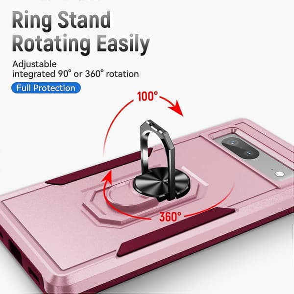 För Google Pixel 7a Fodral Militärklassad Ring Kickstand PC + TPU Telefonfodral Pink/Rose
