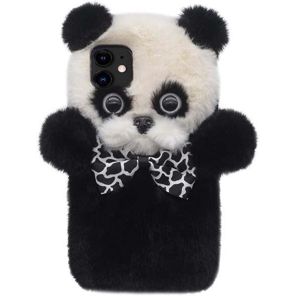 til iPhone 11 Panda Cover Blød Pels 3D Håndlavet Fluffy Furry Tegneserie Sød Panda Stilfuld Bowknot Plys Cover Cover til børn Piger Dejlig Sjov Varm Fuzzy