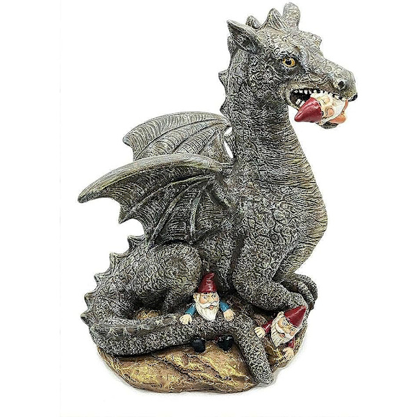 Arg drake som äter tomtar trädgårdsstaty dinosaurie som äter tomtar djurfigurer harts skulptur för hem inomhus utomhus dekoration uteplats gräsmatta gård eller