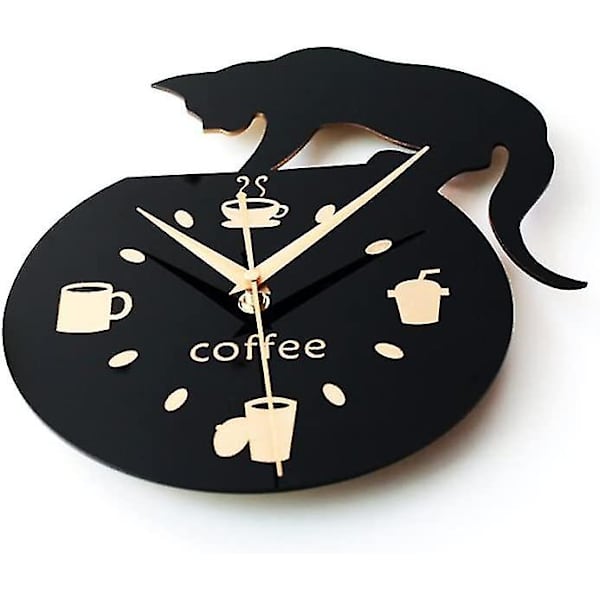 Veggklokke i tegnestil med klatrende katt, kaffekrus og \"kaffe\"-skrift