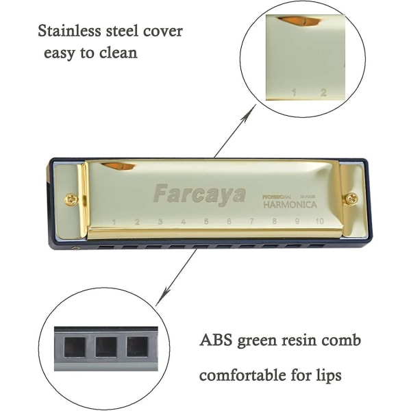 Harmonika for barn, studenter, nybegynnere, voksne, bluesharp, diatonisk C-tone, 10 huller, 20 toner, metall munnorgel med hardt etui og rengjøringsklut