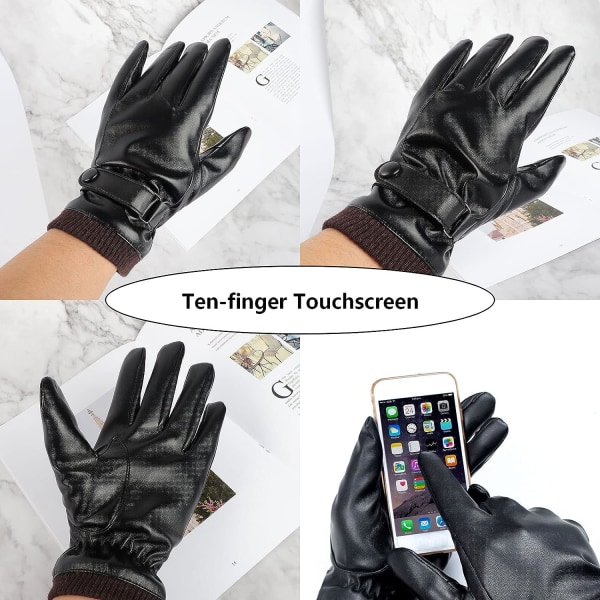 Herre vinter sorte PU læderhandsker, fingerspidser Touch Screen Tykke handsker, vandtætte og vindtætte til udendørs cykling