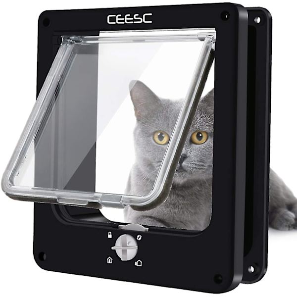 Kattlucka med Magnetisk Djurdörr, Rotationslås med 4 Vägen, för Katter (Medium Svart)_happyshop